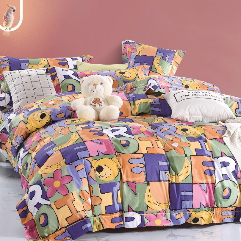 Lenjerie de pat copii, 1 persoana, Bumbac 100% Percal, cu 2 fete, 4 piese, cu elastic | 412-PV