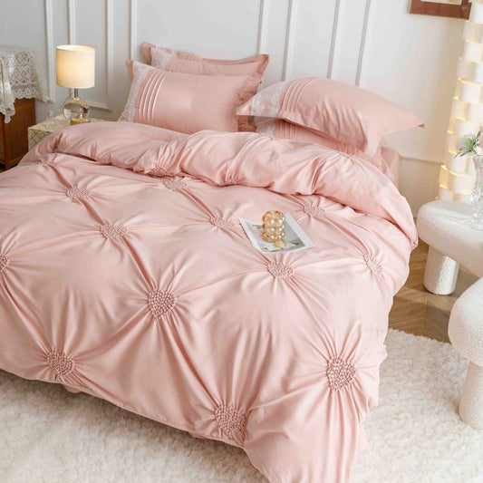 Lenjerie de pat din finet cu inimi brodate, 6 piese, ultra moale si romantica | 2477-J 