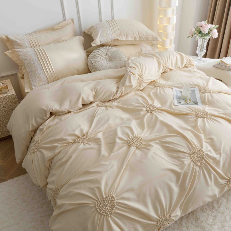 Lenjerie de pat din finet cu inimi brodate, 6 piese, ultra moale si romantica | 2478-J