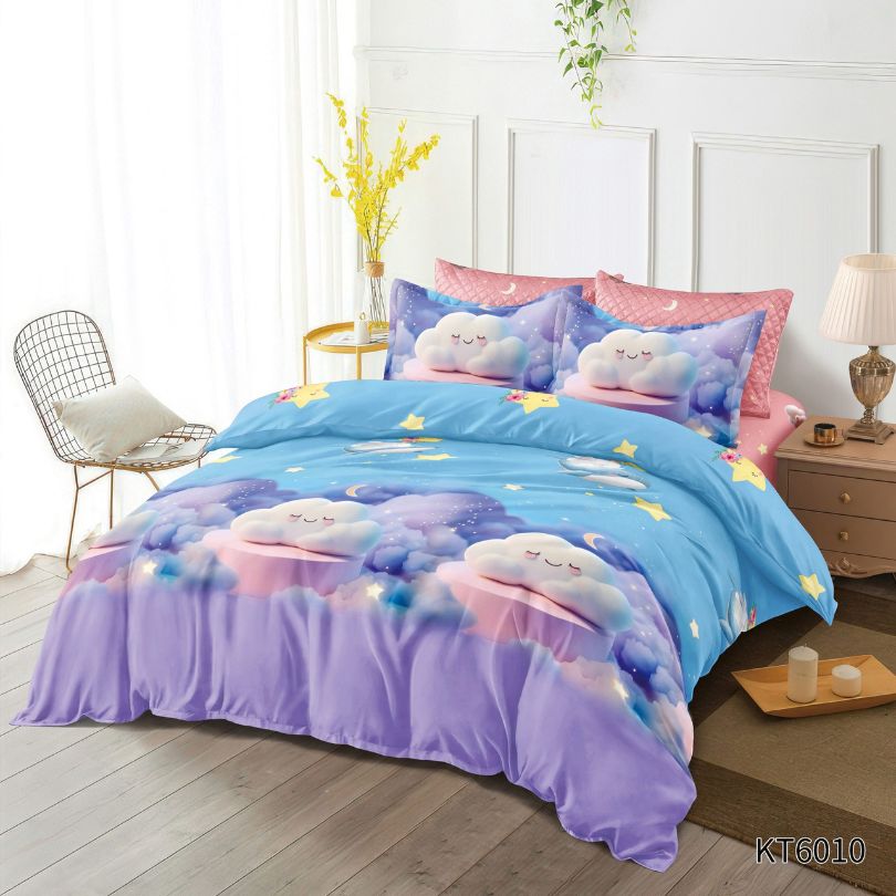 Lenjerie pat copii, Finet, 6 piese, cu ELASTIC, unicorni, 100% bumbac | 0068-PV