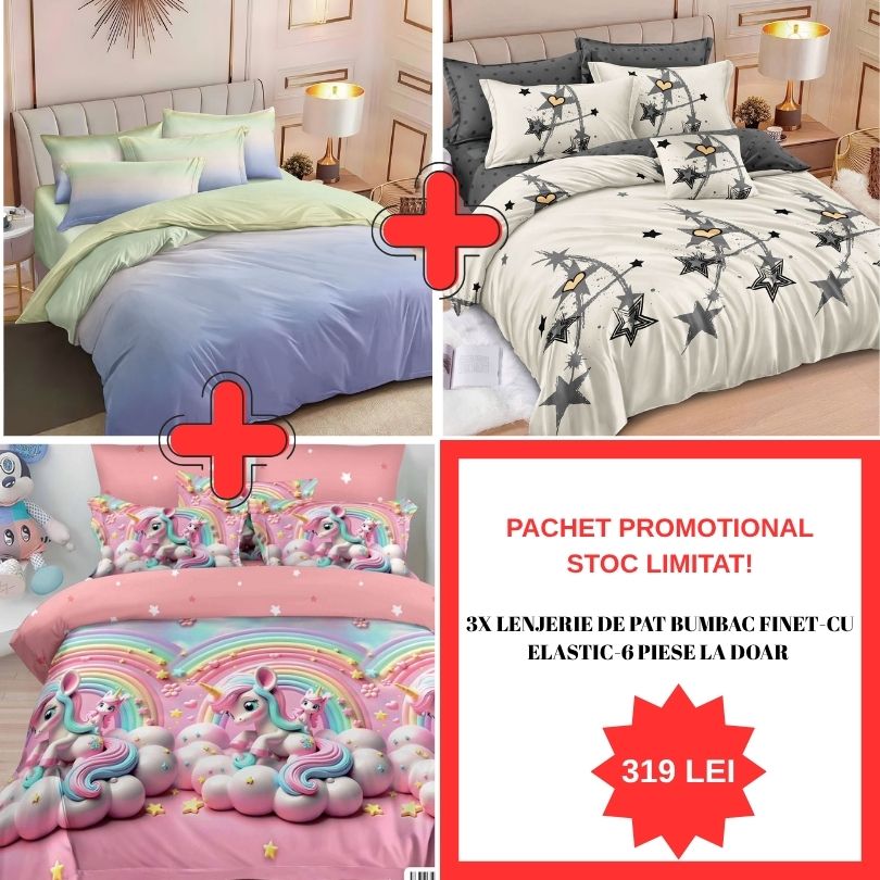 Pachet Promo 1+1+1 – Lenjerie de pat bumbac finet-6 piese | 0992-S