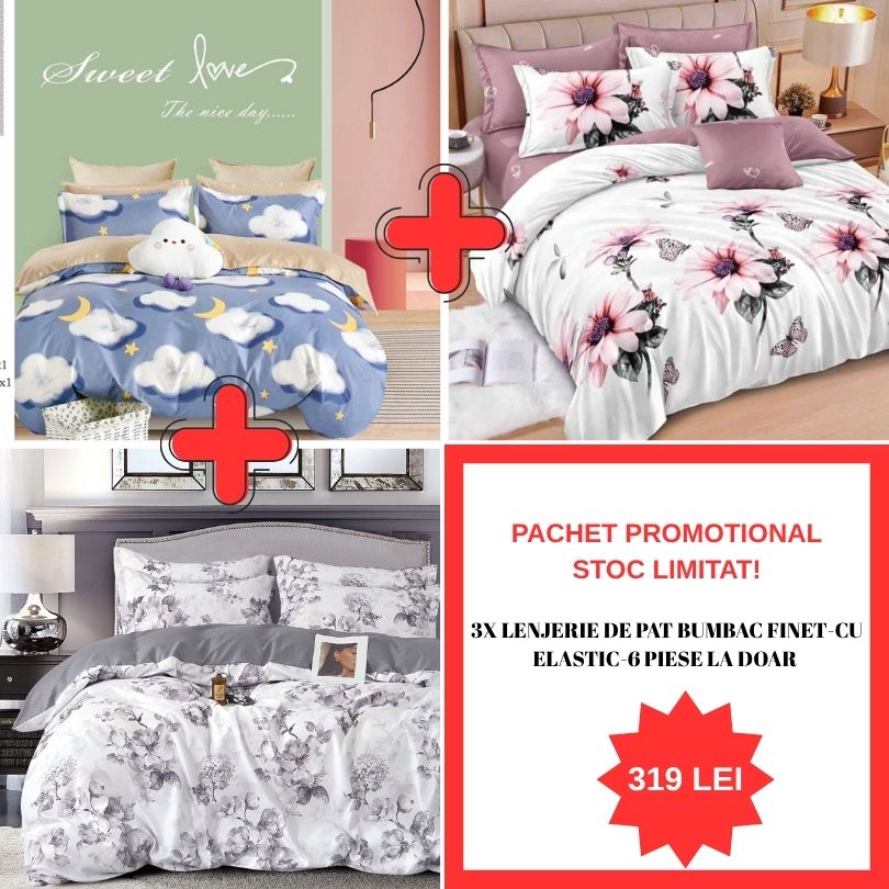 Pachet Promo 1+1+1 – Lenjerie de pat bumbac finet - 6 Piese | 0985-S