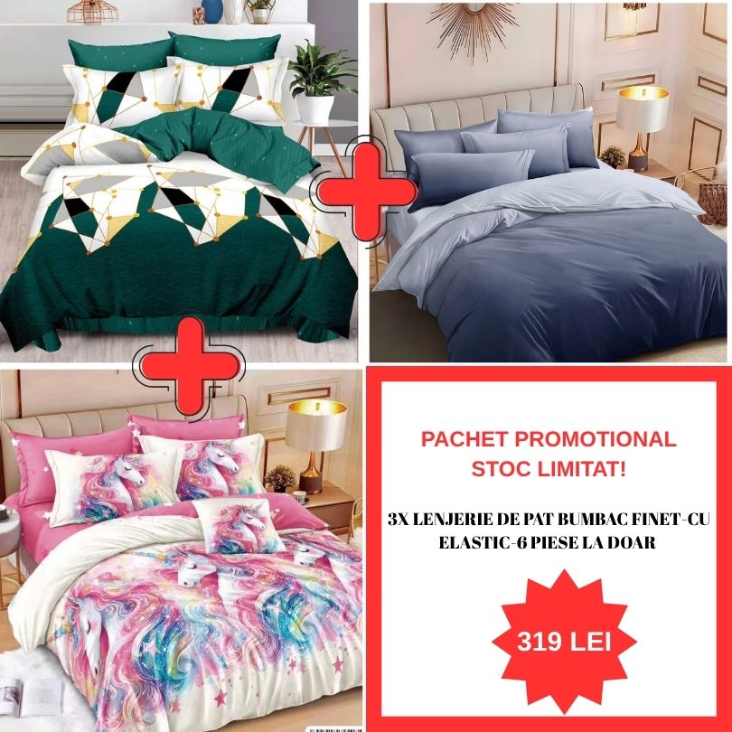 Pachet Promo 1+1+1 – Lenjerie de pat bumbac finet - 6 Piese | 0986-S