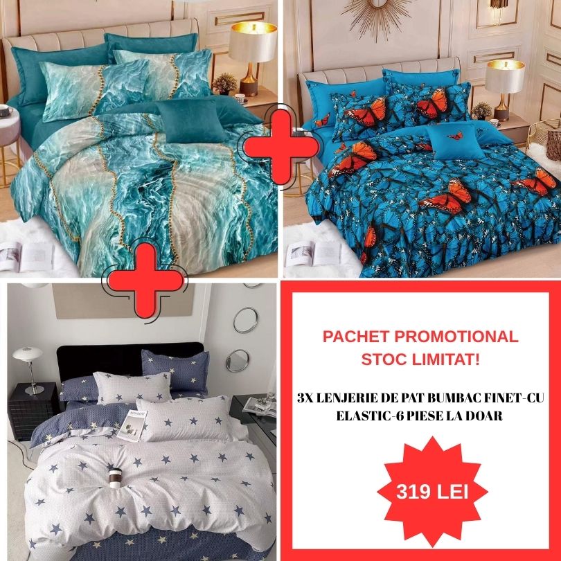 Pachet Promo 1+1+1 – Lenjerie de pat bumbac finet - 6 Piese | 0988-S