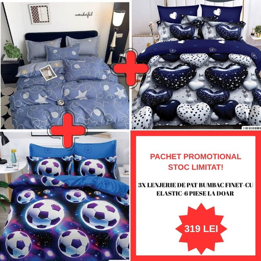 Pachet Promo 1+1+1 – Lenjerie de pat bumbac finet - 6 Piese | 0989-S