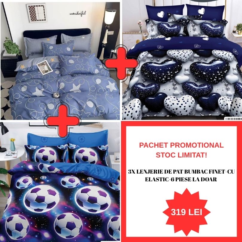 Pachet Promo 1+1+1 – Lenjerie de pat bumbac finet - 6 Piese | 0989-S