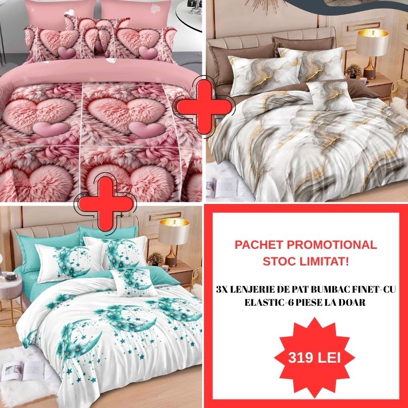 Pachet Promo 1+1+1 – Lenjerie de pat bumbac finet - 6 Piese | 0990-S